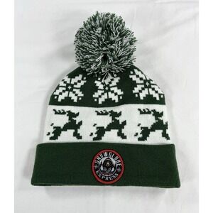 Snowglobe Express Beanie Hat Winter Fair Isle Snowflake Reindeer Green Pom Pom